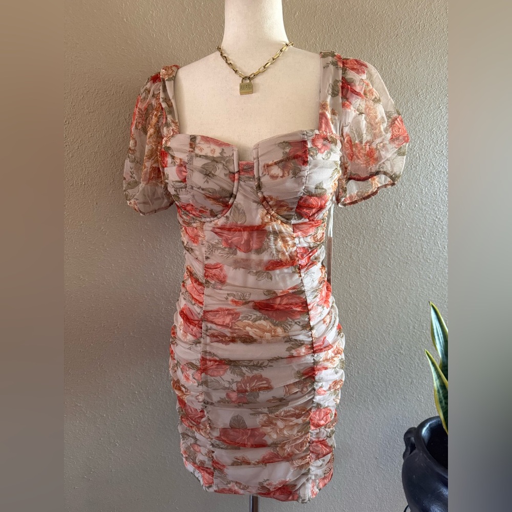Floral Ruched Puff Sleeve Women’s Dress - Cream with Coral Floral